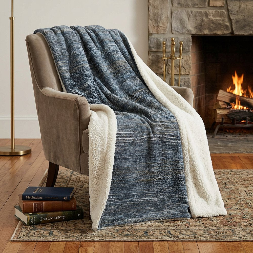 50" X 70" Blue And Gold Abstract Polyester Woven Plush Throw Blanket