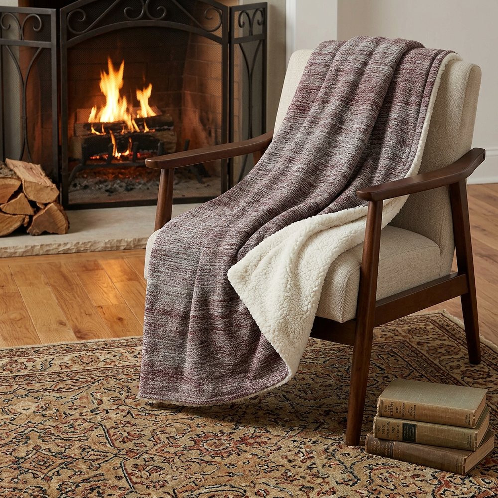 50" X 70" Burgundy And Beige Abstract Polyester Woven Plush Throw Blanket