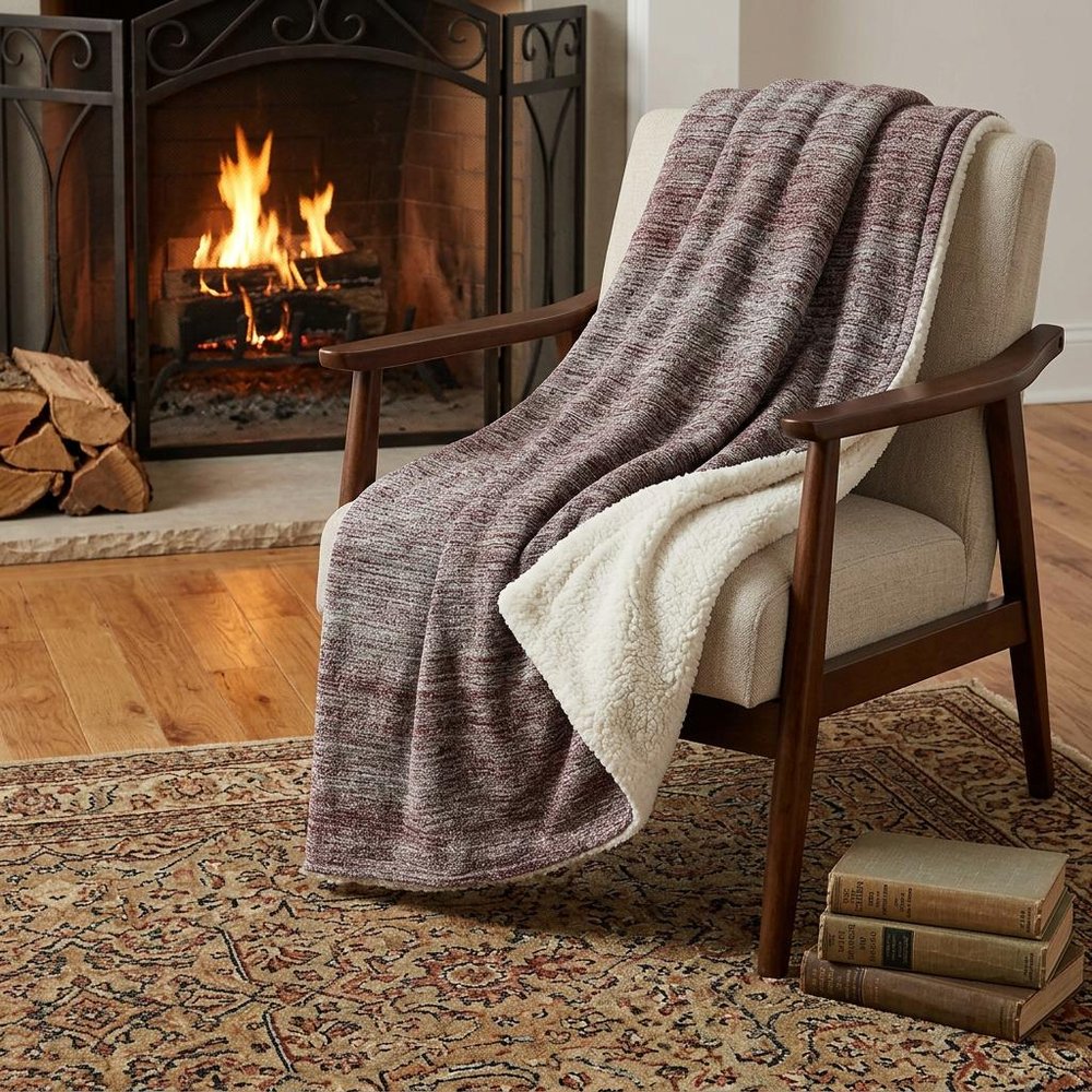 50" X 70" Burgundy And Beige Abstract Polyester Woven Plush Throw Blanket