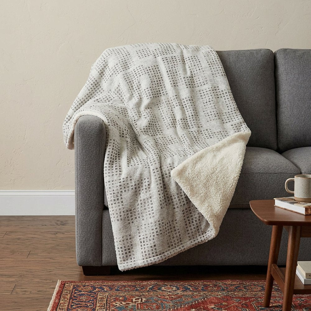 50" X 70" Beige And Charcoal Geometric Polyester Woven Plush Throw Blanket