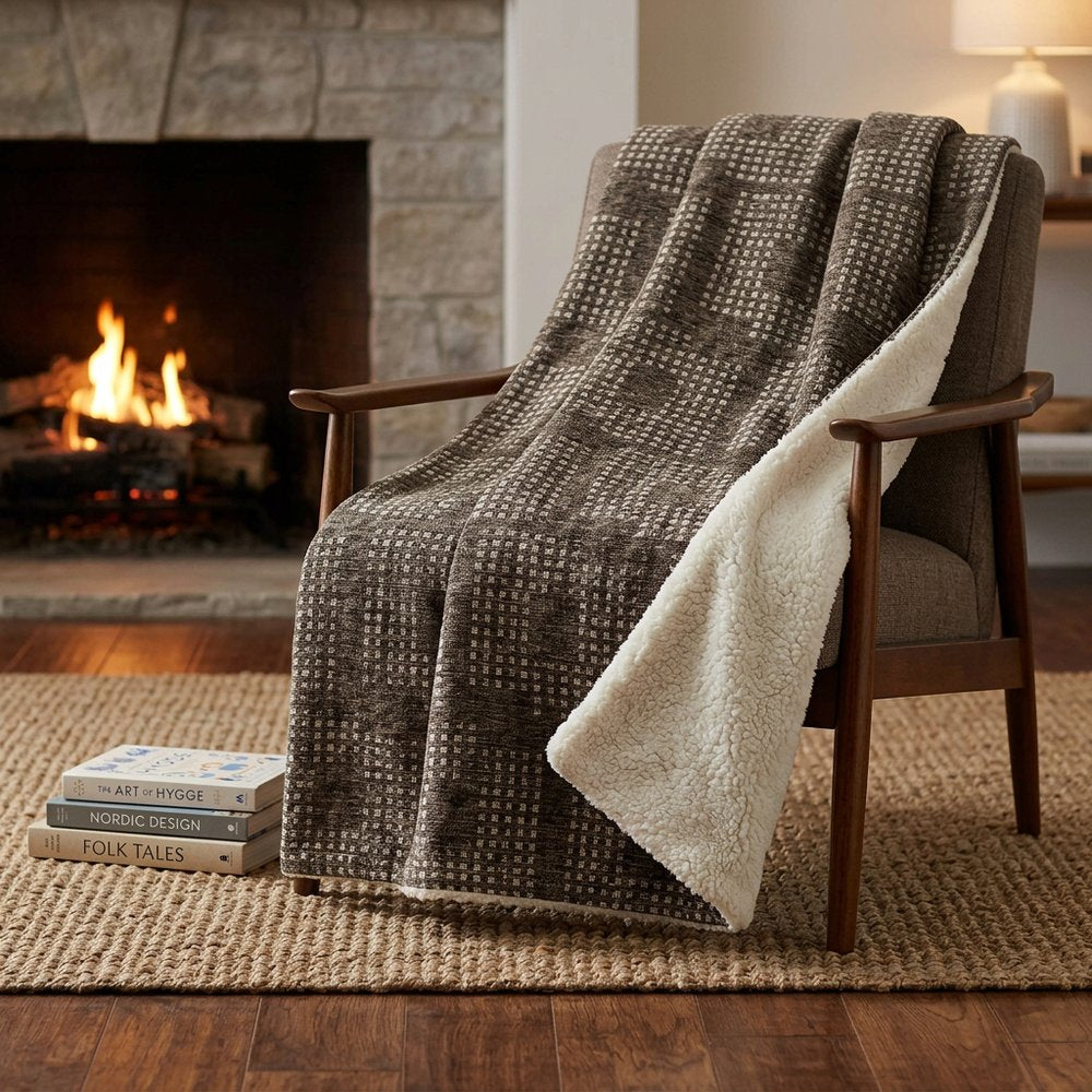 50" X 70" Brown And Ivory Geometric Polyester Woven Plush Throw Blanket