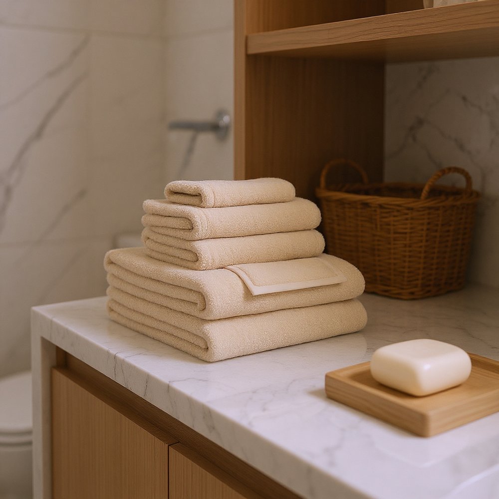 Set of Six Beige Cotton Quick Dry Terry Cloth Towels