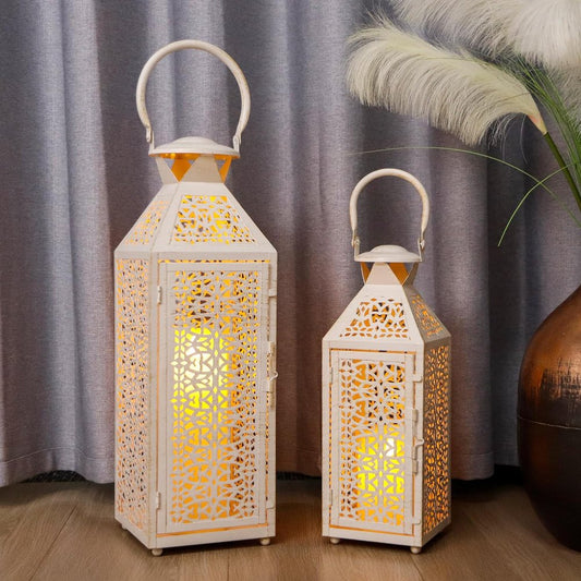 Set of Two White Filigree Metal Tabletop Lantern Candle Holders