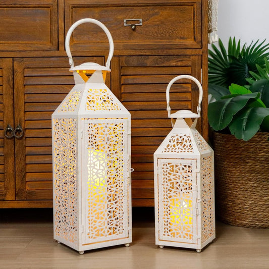 Set of Two White Filigree Metal Tabletop Lantern Candle Holders