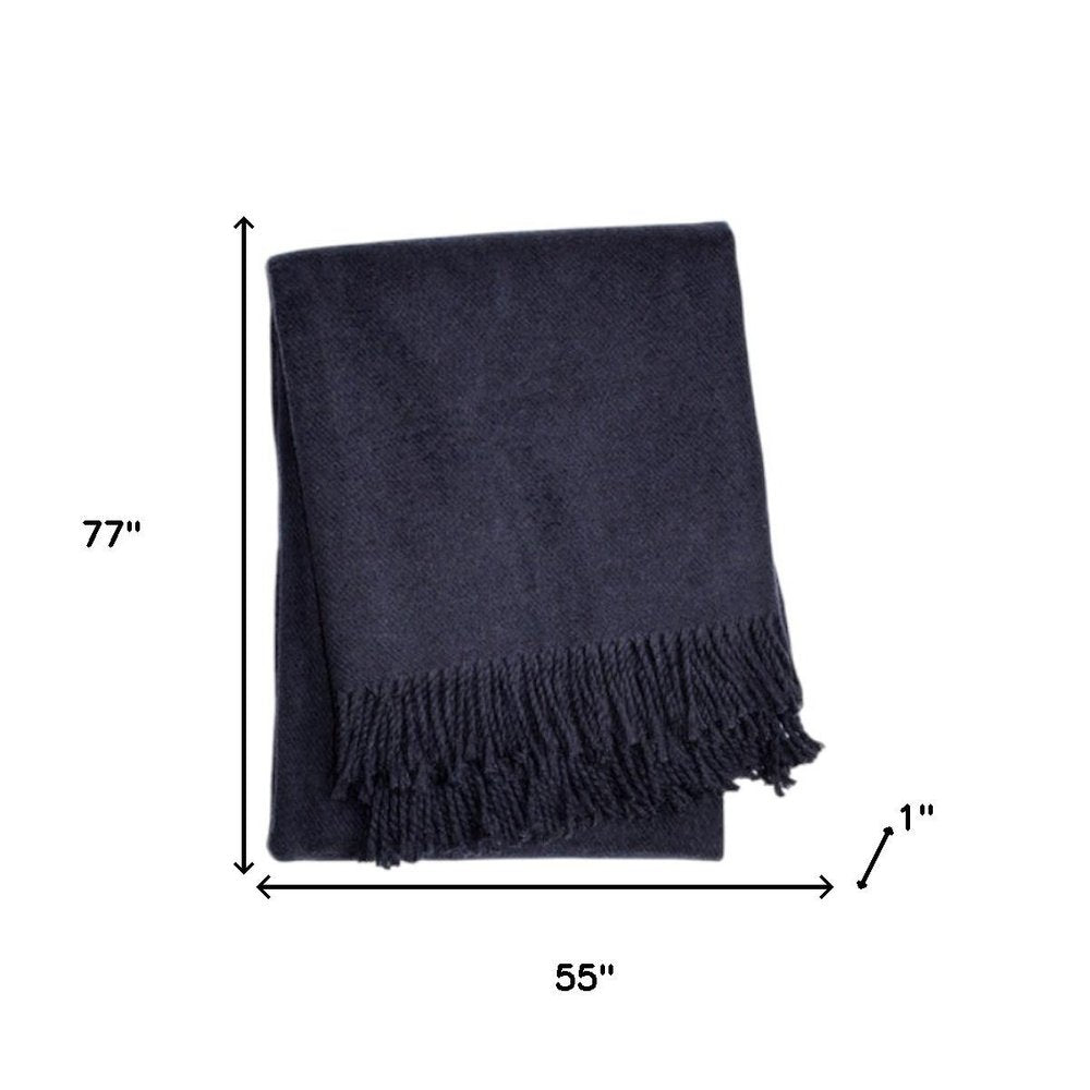 55" X 77" Navy Blue Cotton Blend Woven Plush Throw Blanket with Fringe