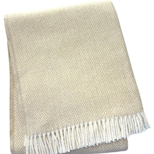 55" X 70" Linen And White Cotton Blend Herringbone Throw Blanket with Fringe