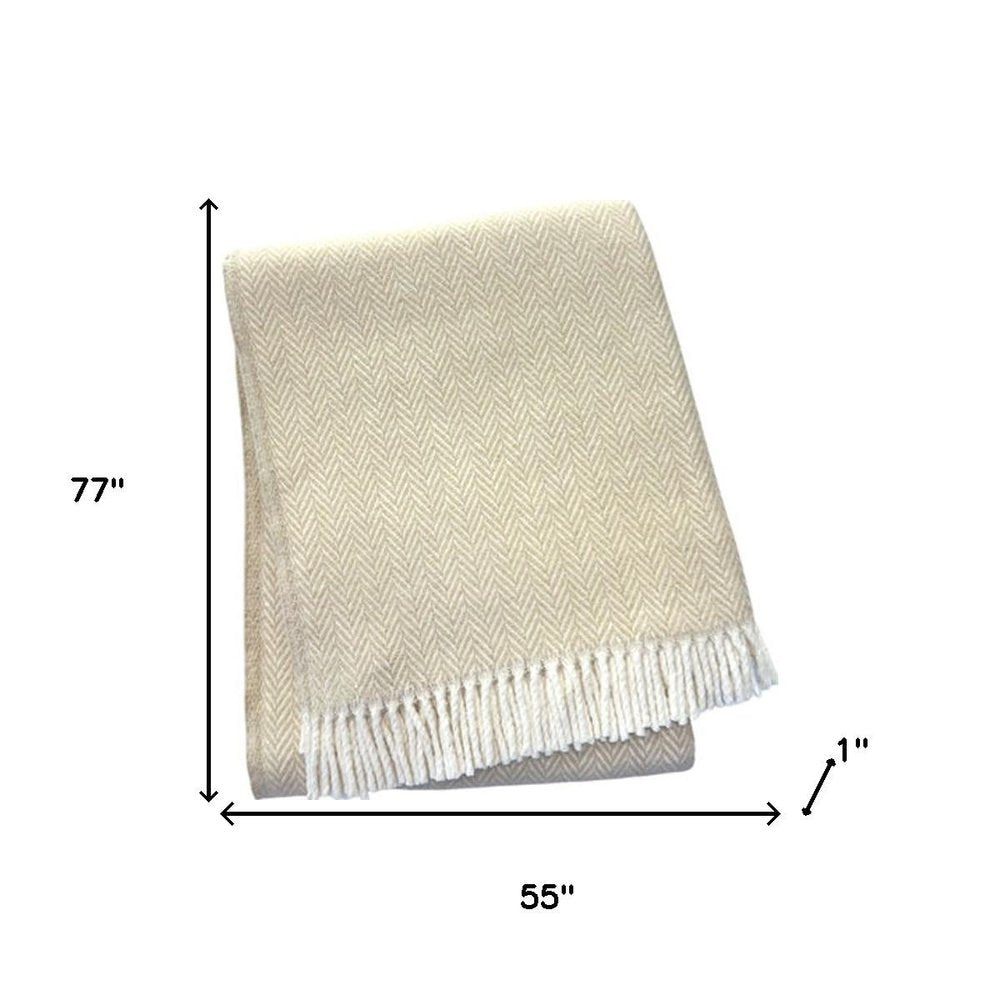 55" X 77" Linen And White Cotton Blend Herringbone Throw Blanket with Fringe