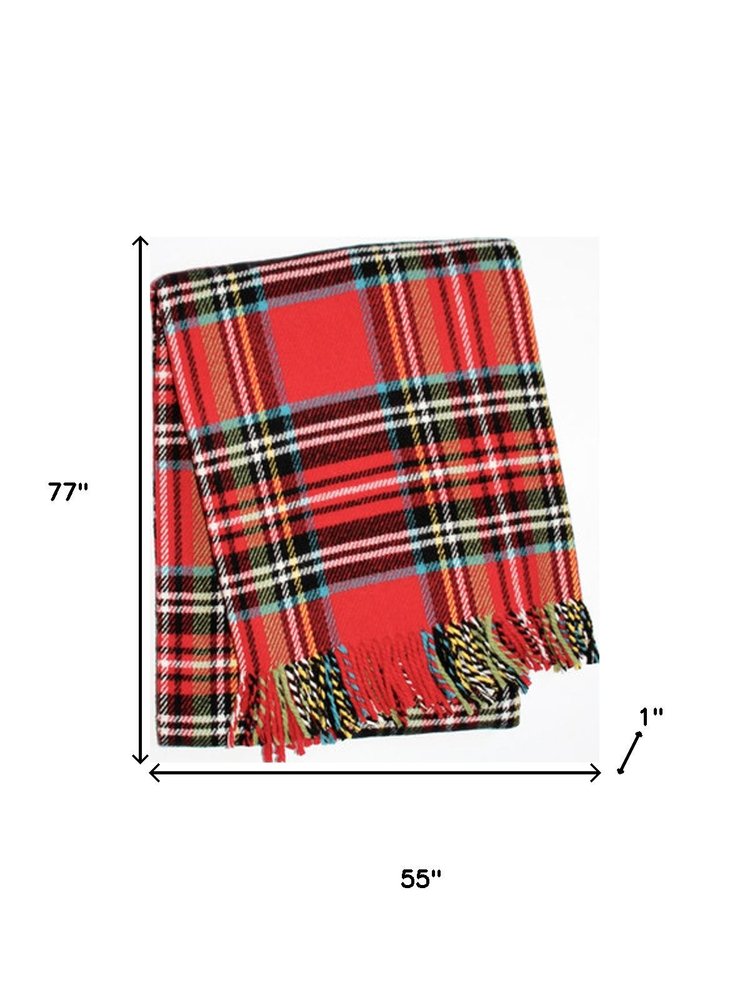 55" X 77" Red Black And White Plaid Cotton Blend Plaid Throw Blanket with Fringe