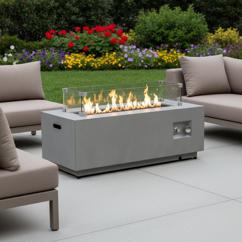 50000 BTU 42" Gray Steel Propane Rectangular Fire Pit Table With Cover