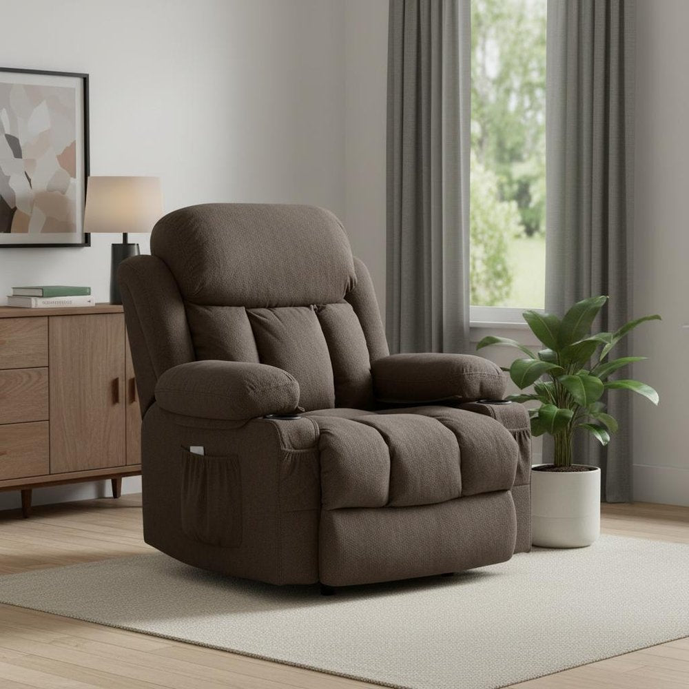 40" Brown Tufted Polyester Blend Heated Massage Swivel Rocker Recliner With USB