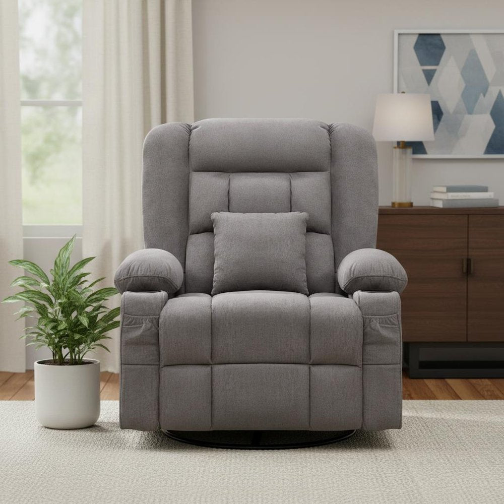 38" Gray Tufted Polyester Blend Heated Massage Swivel Rocker Recliner With USB