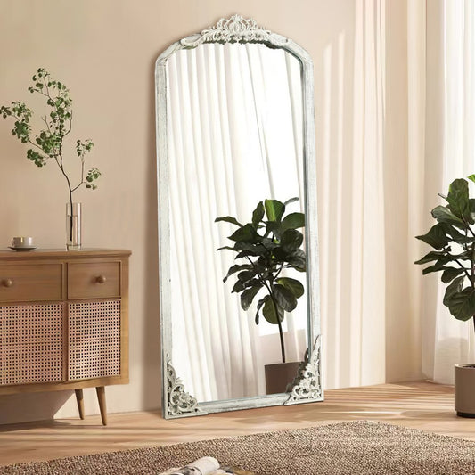 White Wood Arch Freestanding Ornate Framed Accent Mirror