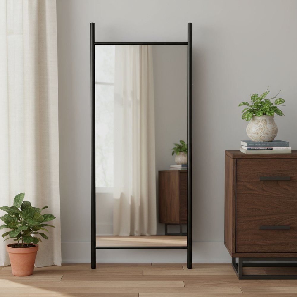71" Black Wood Leaning Ladder Framed Full Length Mirror