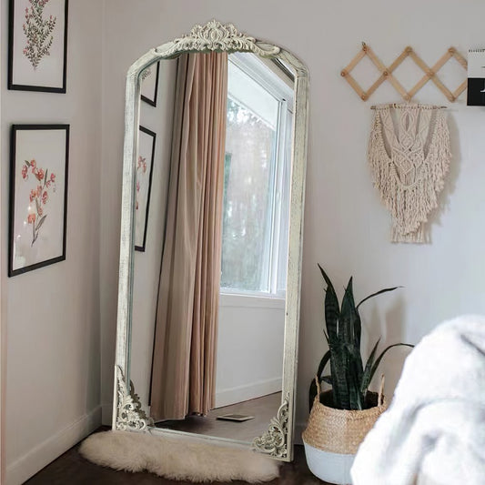 White Wood Arch Freestanding Ornate Framed Accent Mirror