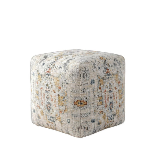 18" Ivory and Light Gray Upholstered Medallion Pouf Ottoman