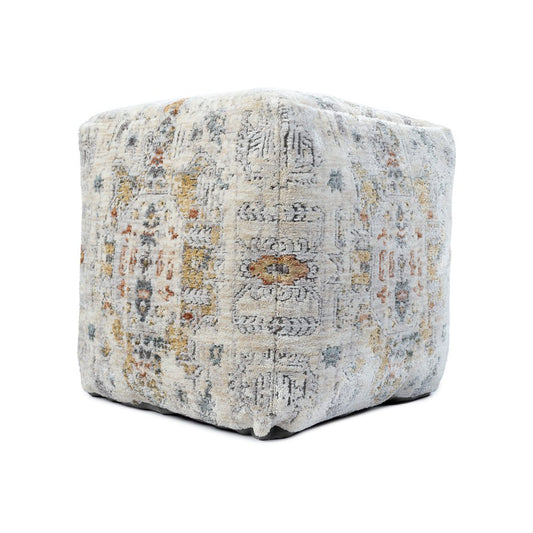 18" Ivory and Light Gray Upholstered Medallion Pouf Ottoman
