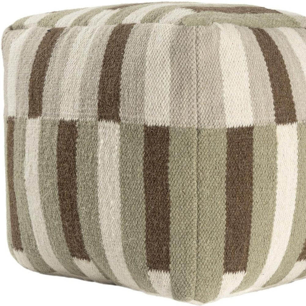 18" Brown Ivory And Khaki Brown Woven Geometric Pouf Ottoman