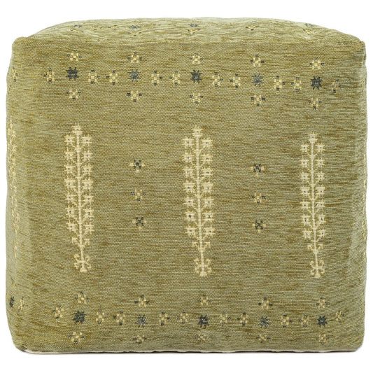 18" Green Acrylic Cotton And Upholstered Tribal Pouf Ottoman