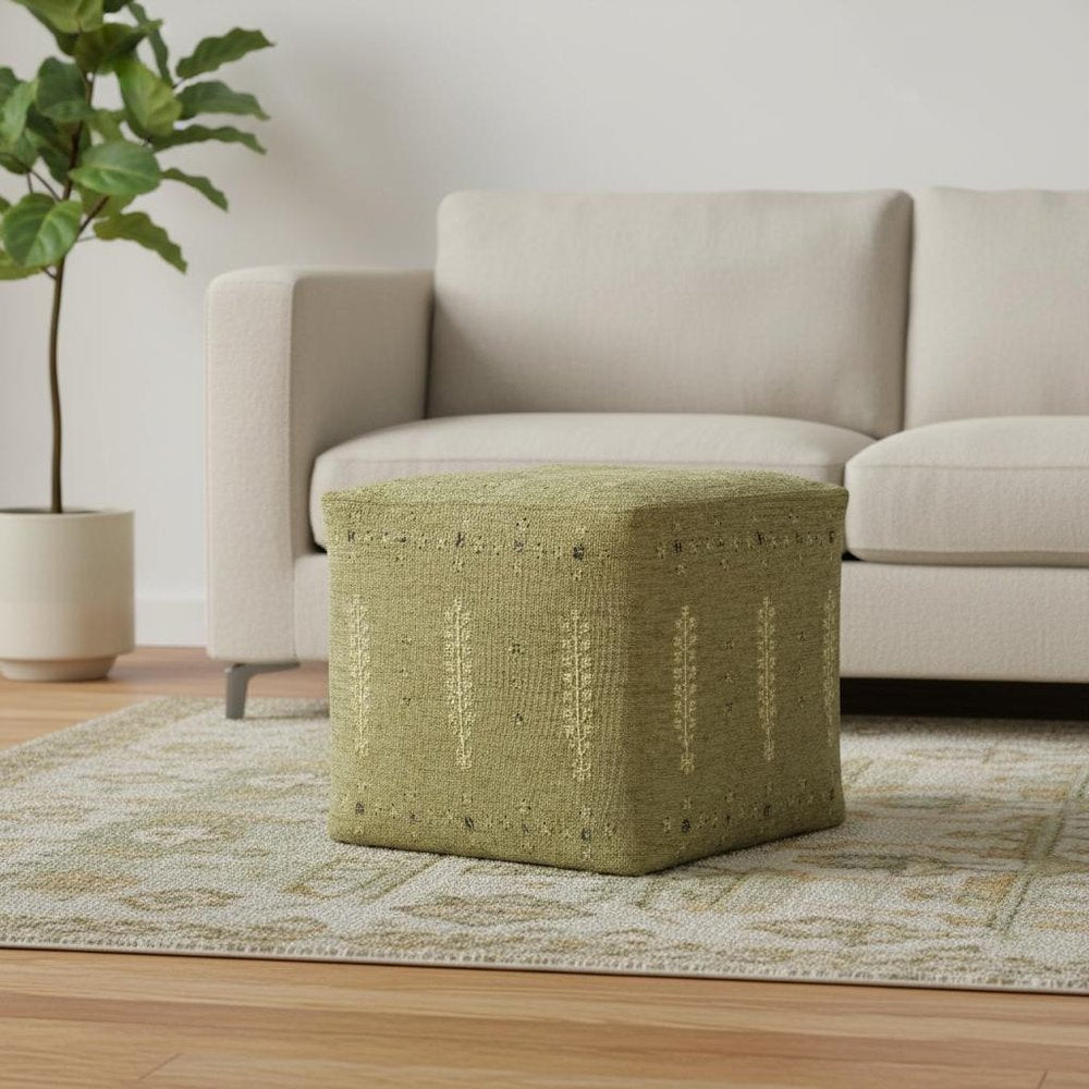 18" Green Acrylic Cotton And Upholstered Tribal Pouf Ottoman