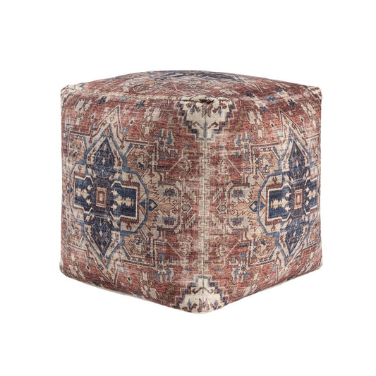 18" Navy Blue and Terra Cotta Upholstered Medallion Pouf Ottoman