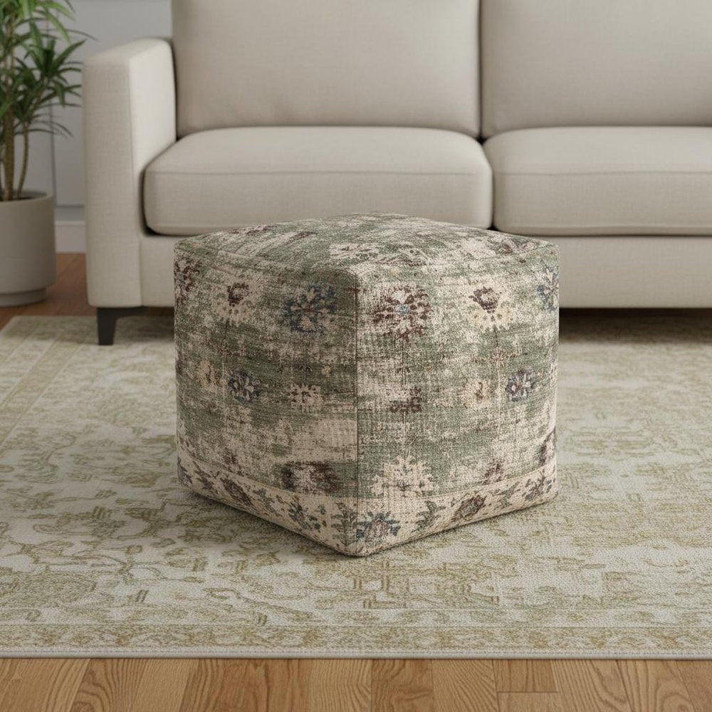 18" Ivory and Sage Upholstered Medallion Pouf Ottoman
