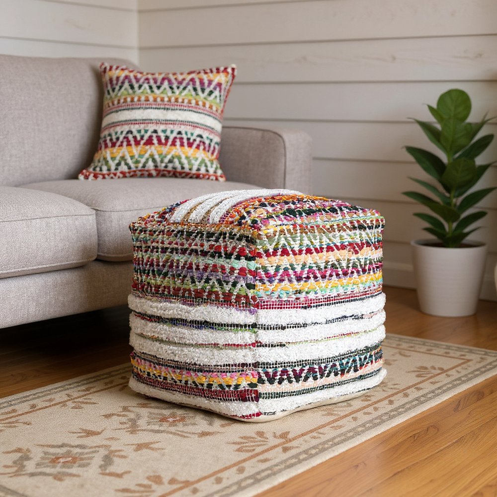 18" Natural And Rainbow Cotton Blend Chevron Pouf Ottoman