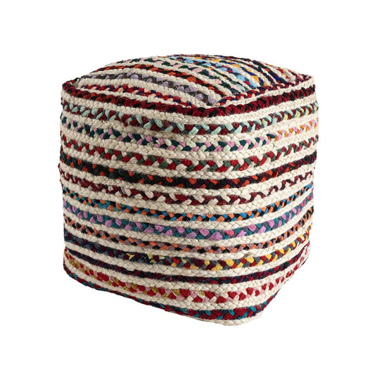18" Natural and Rainbow Braided Jute Blend Striped Pouf Ottoman