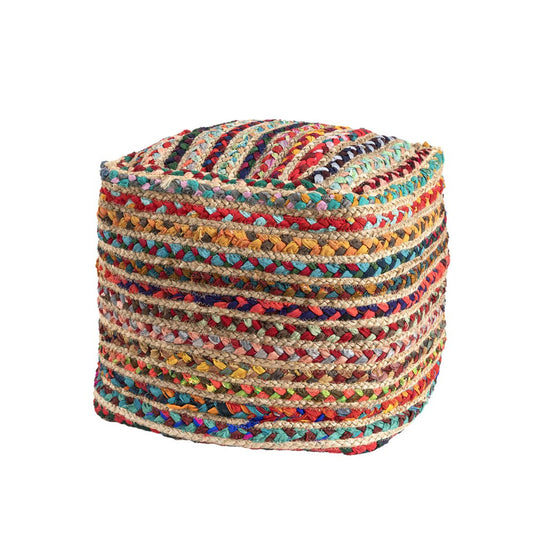 18" Natural and Rainbow Braided Jute And Polyester Striped Pouf Ottoman