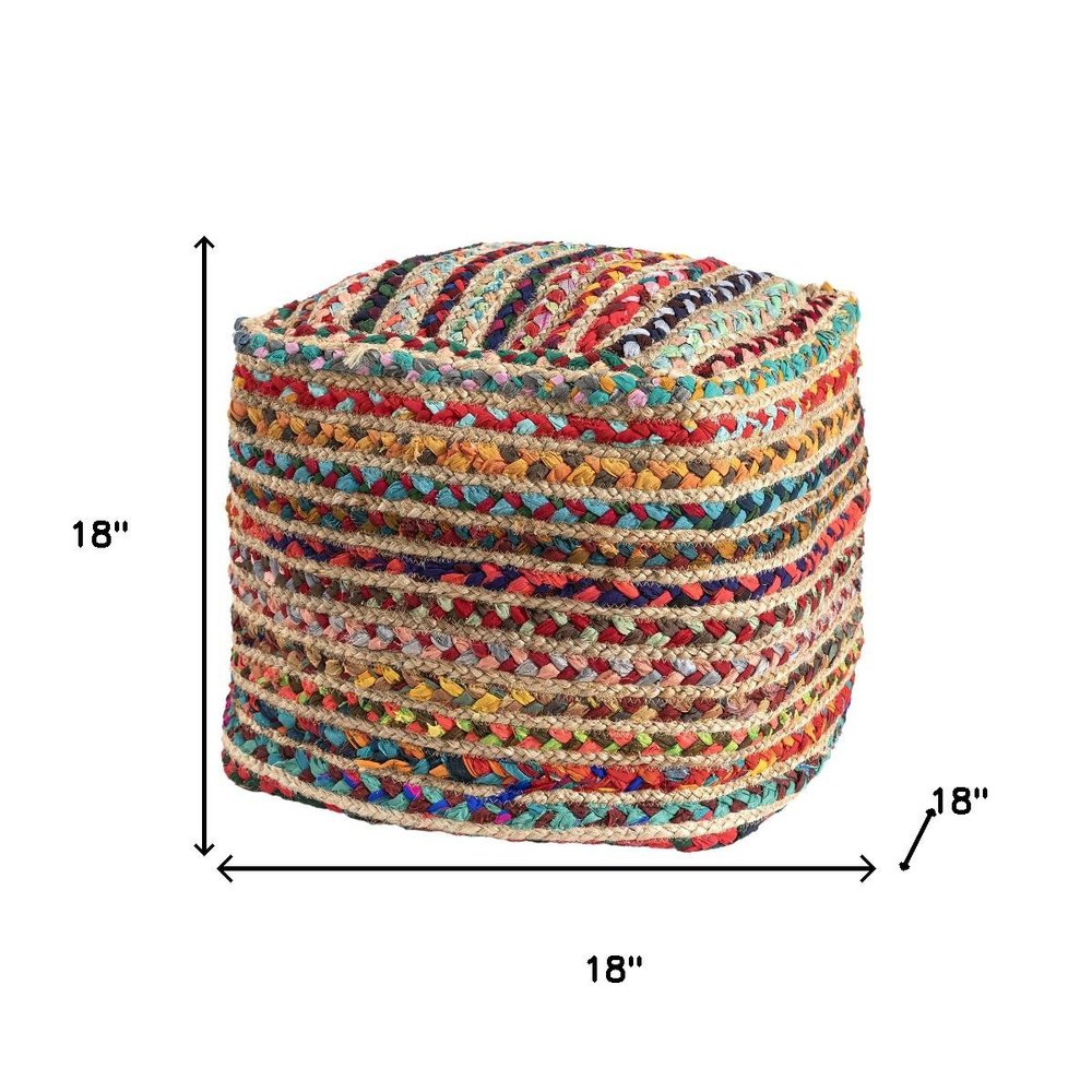 18" Natural and Rainbow Braided Jute And Polyester Striped Pouf Ottoman