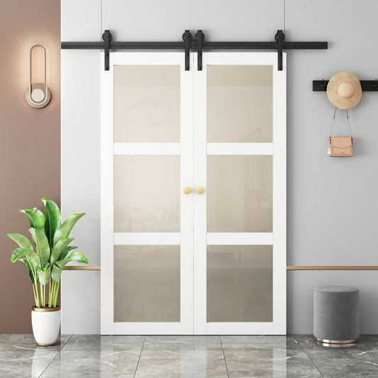 Set Of Two 84" White Glass Sliding Closet Doors