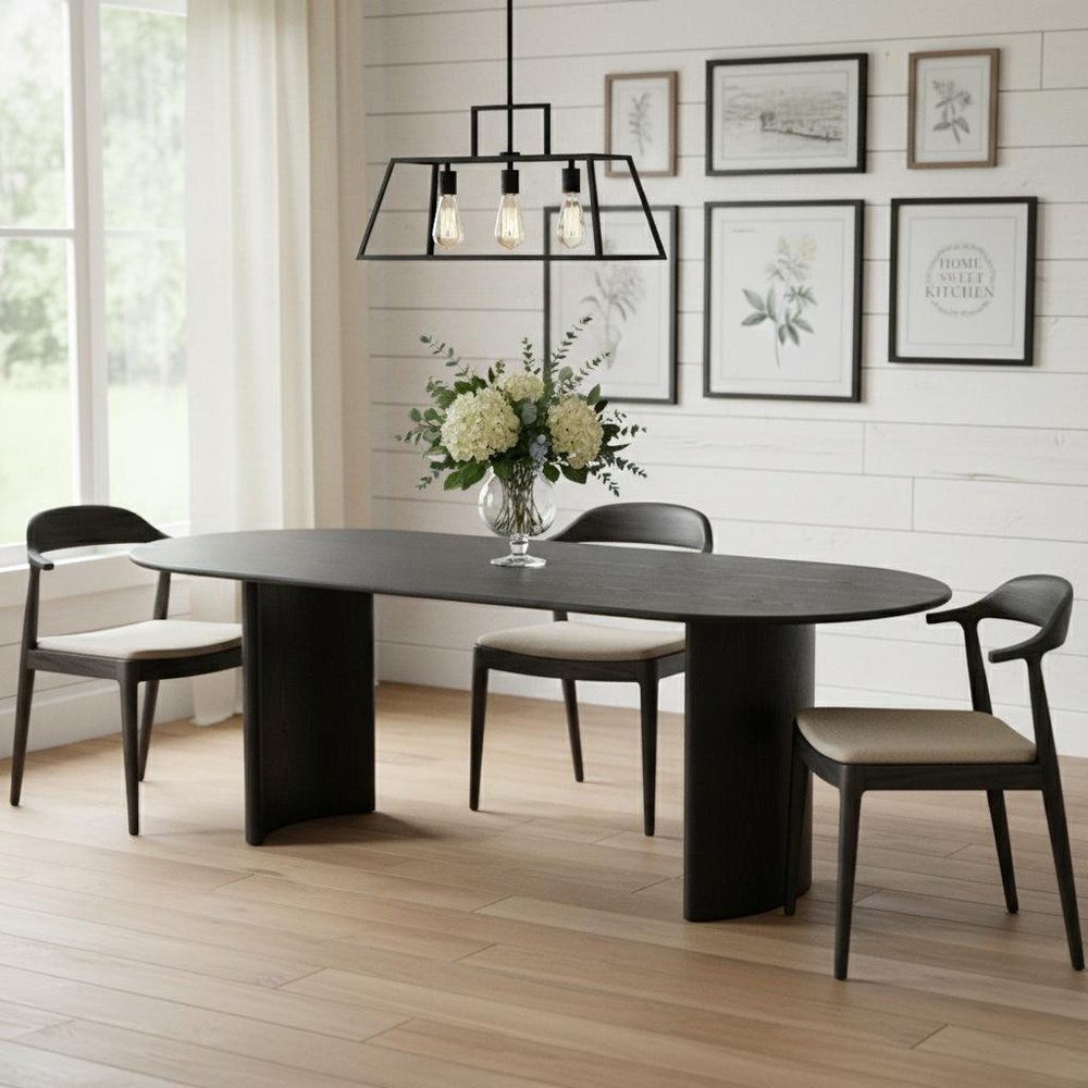 79" Black Solid Wood Mirrored Double Pedestal Base Oval Dining Table