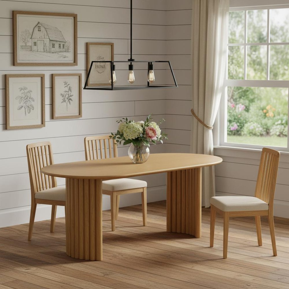 79" Natural Solid Wood Mirrored Double Pedestal Base Oval Dining Table