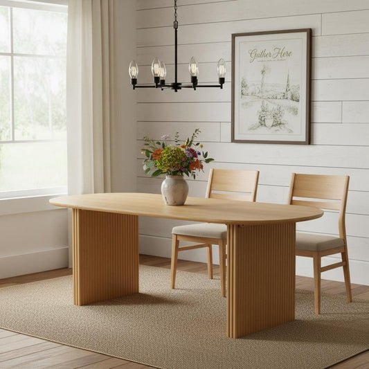 79" Natural Solid Wood Mirrored Double Pedestal Base Oval Dining Table