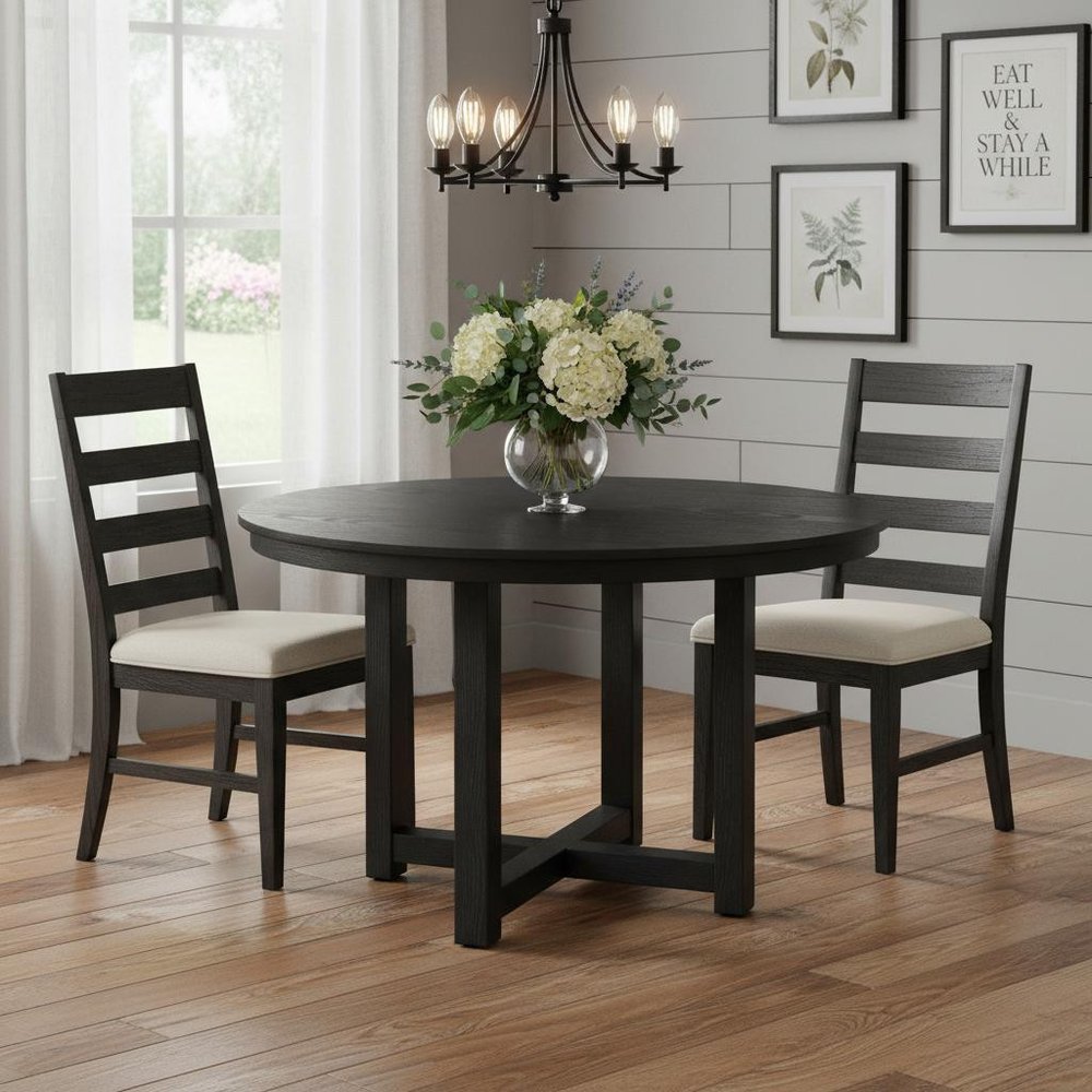 52" Black Solid Wood Round Top Dining Table