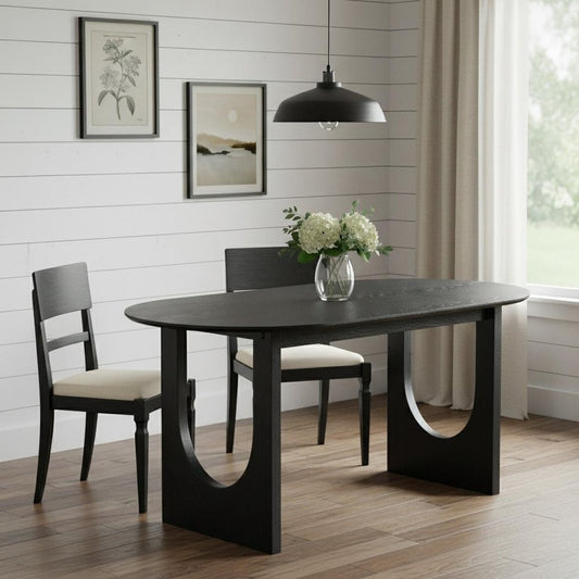 67" Black Solid Wood Mirrored Double Pedestal Base Oval Dining Table