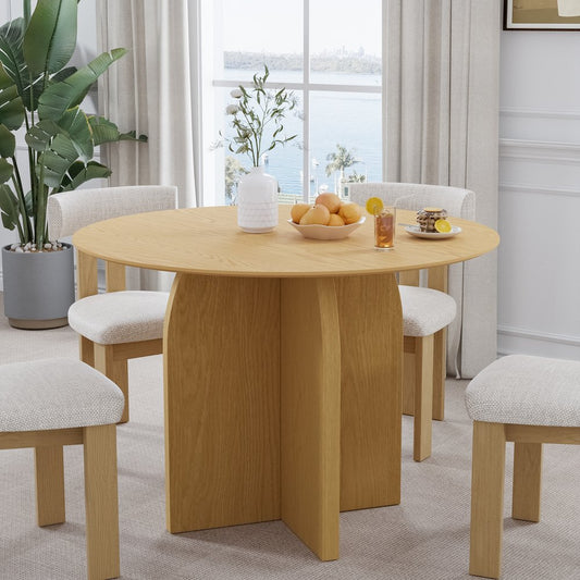 42" Beige Solid Wood Pedestal Base Round Top Dining Table