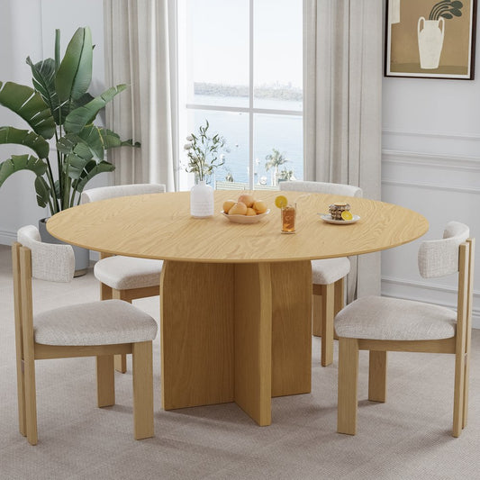 58" Beige Solid Wood Pedestal Base Round Top Dining Table