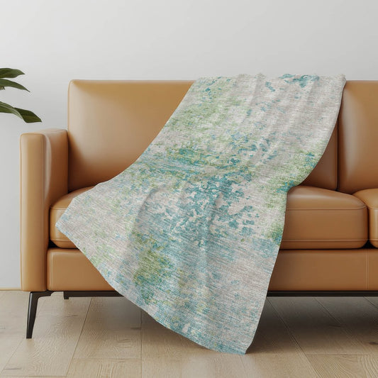 50" X 70" Green Teal And Beige Abstract Polyester Woven Plush Throw Blanket