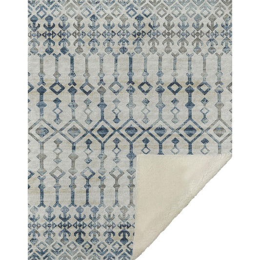 50" X 70" Ivory And Teal Geometric Microfiber Plush Throw Blanket
