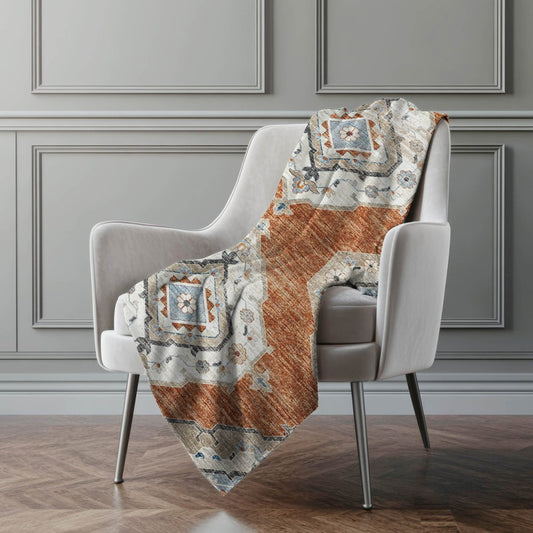 50" X 70" Rust Ivory And Blue Floral Polyester Woven Plush Throw Blanket