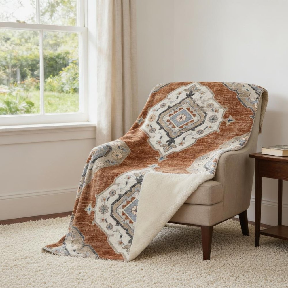 50" X 70" Rust Ivory And Blue Floral Microfiber Plush Throw Blanket