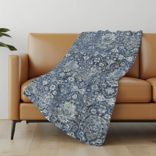 50" X 70" Blue Gray And Ivory Floral Polyester Woven Plush Throw Blanket