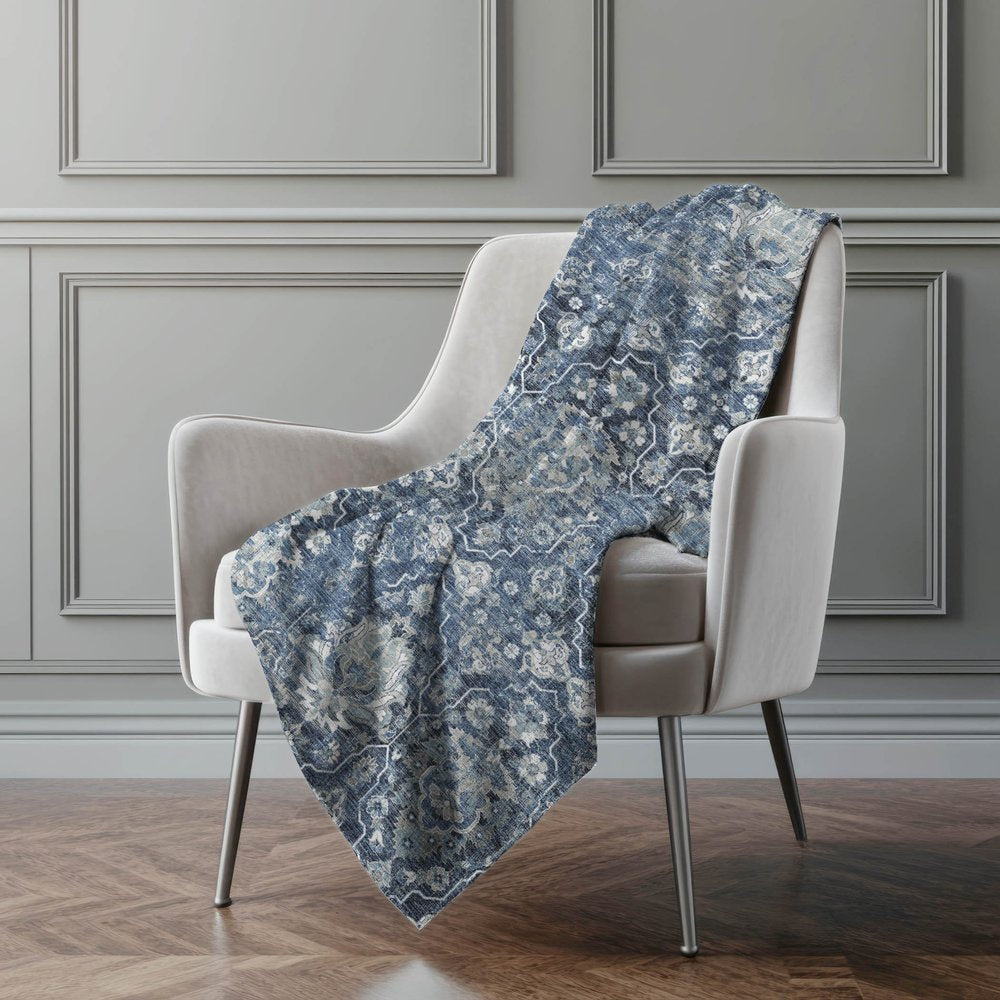 50" X 70" Blue Gray And Ivory Floral Polyester Woven Plush Throw Blanket