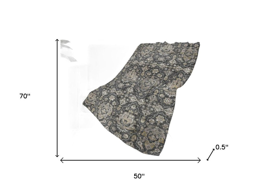 50" X 70" Charcoal Ivory And Coffee Floral Polyester Woven Plush Throw Blanket