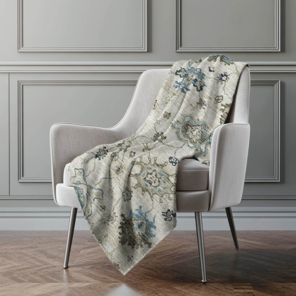 50" X 70" Blue Charcoal And Ivory Floral Polyester Woven Plush Throw Blanket