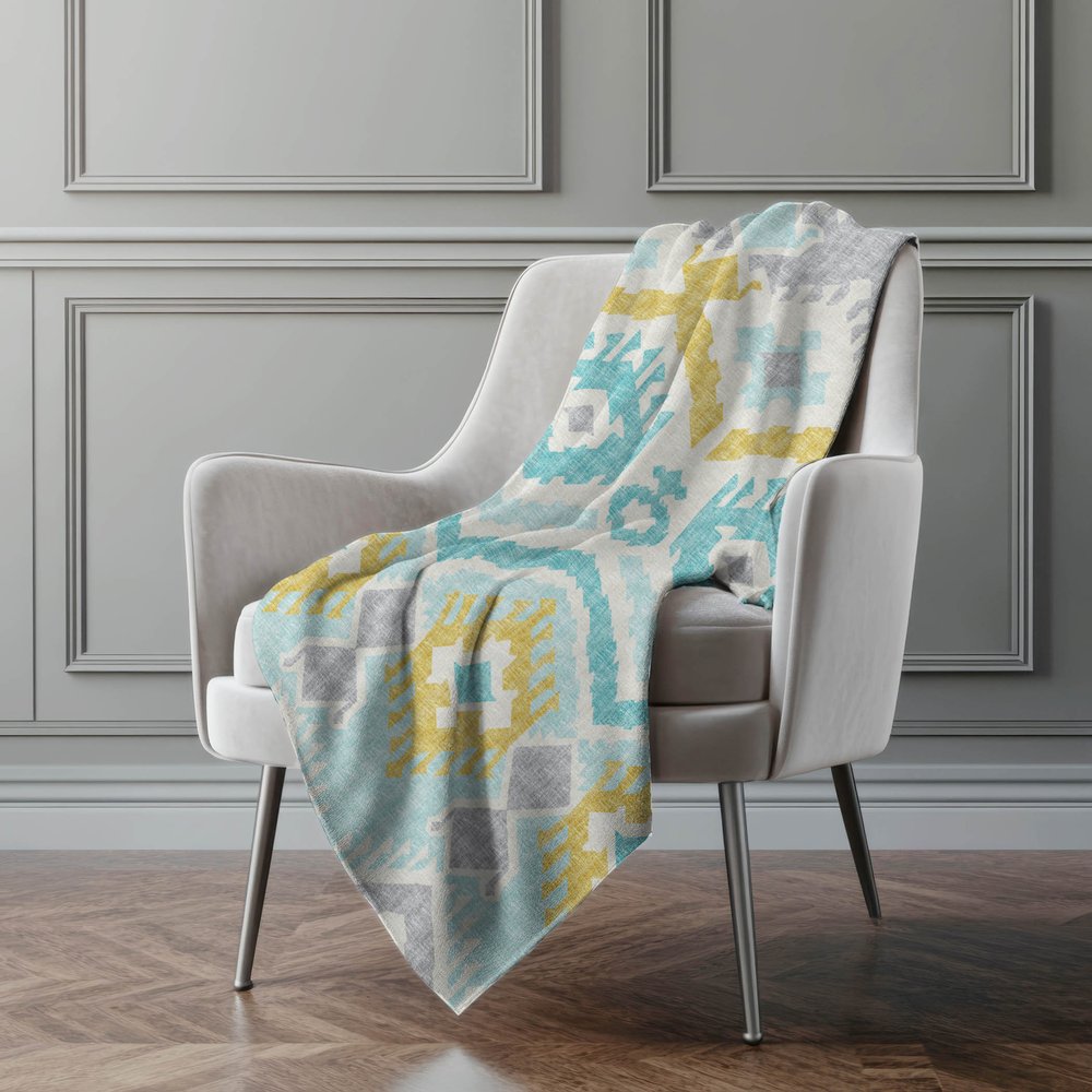 50" X 70" Aqua Gold And Ivory Ikat Polyester Woven Plush Throw Blanket