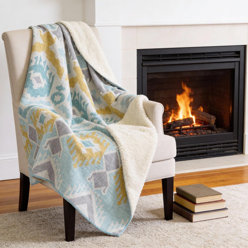 50" X 70" Aqua Gold And Ivory Ikat Microfiber Plush Throw Blanket