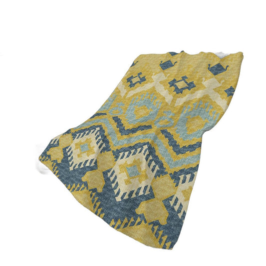 50" X 70" Yellow And Blue Ikat Polyester Woven Plush Throw Blanket