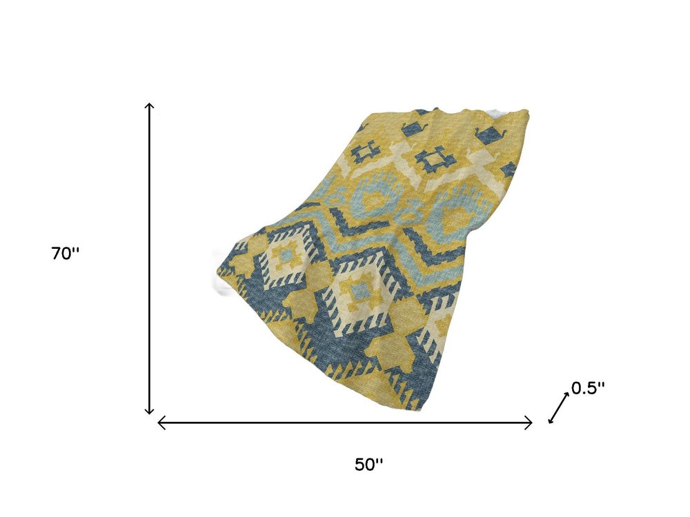 50" X 70" Yellow And Blue Ikat Plush Throw Blanket