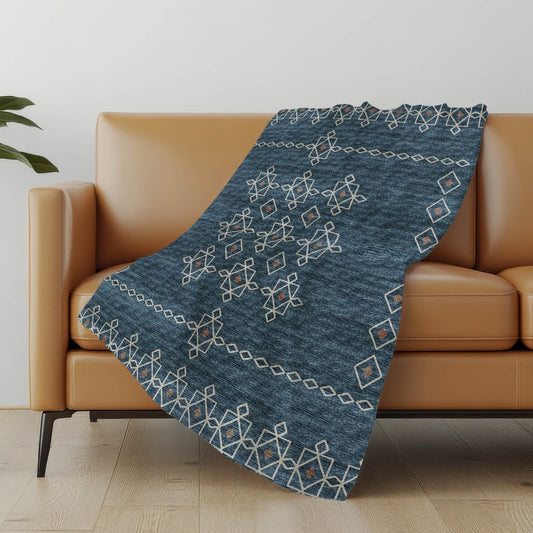 50" X 70" Blue And Rust Geometric Polyester Woven Plush Throw Blanket